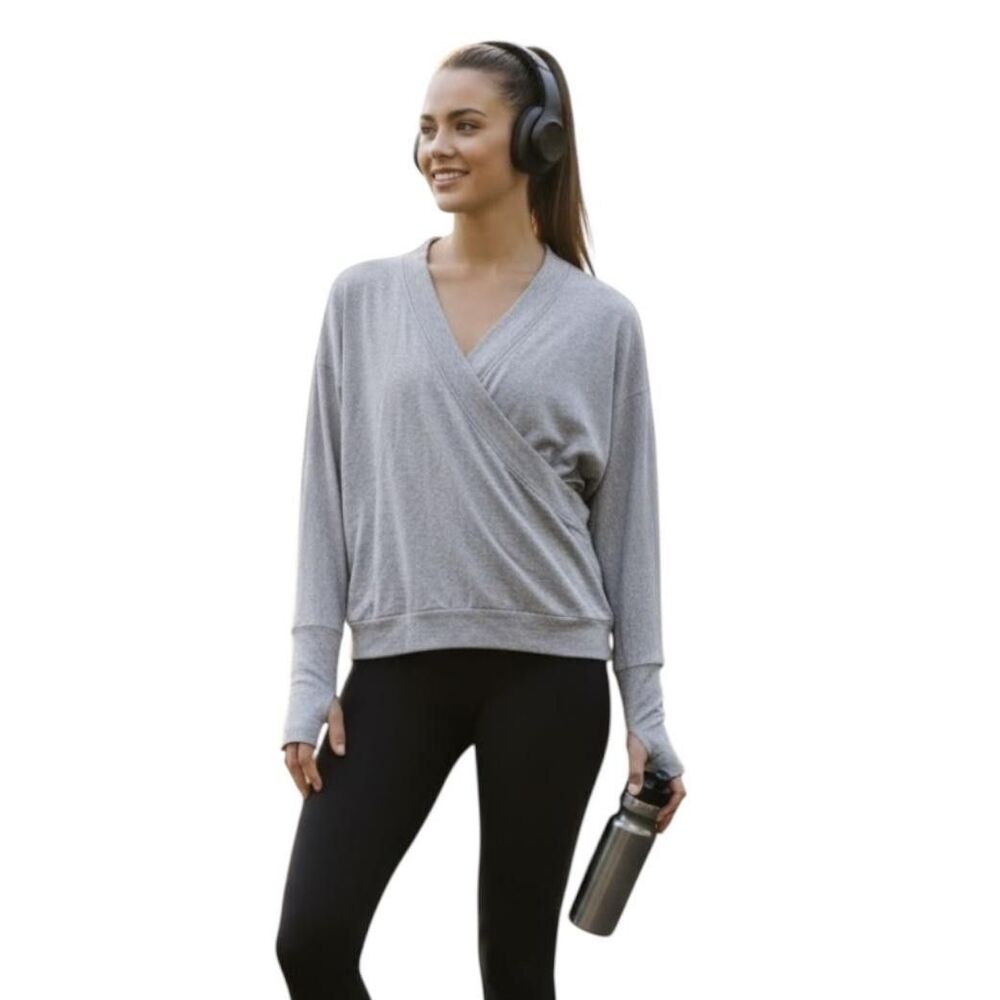 Zuda QVC Sweater Womens Small Gray Faux Wrap Pullover Thumbholes Athletic Lounge